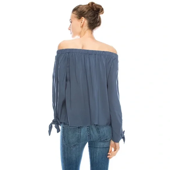 Off Shoulder Tie Cuff Drapey Blouse French Blue - Picture 2 of 3